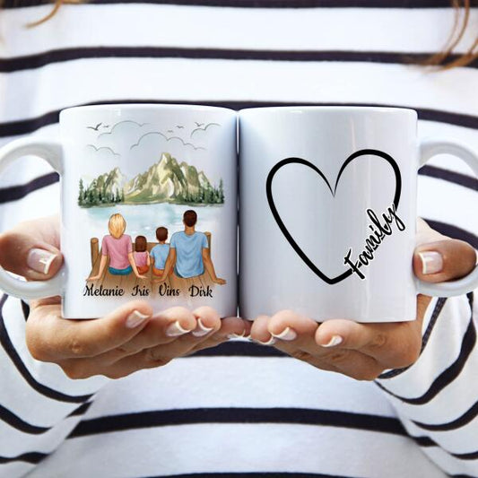Gezin met Vader, Moeder, Dochter en Zoon - Family Heart ♥ - Gepersonaliseerde mok voor Gezin, Vader, Moeder, Dochter, Zoon, Kinderen, Familie, Kind, Stiefvader, Stiefmoeder, Dochters, Zoons