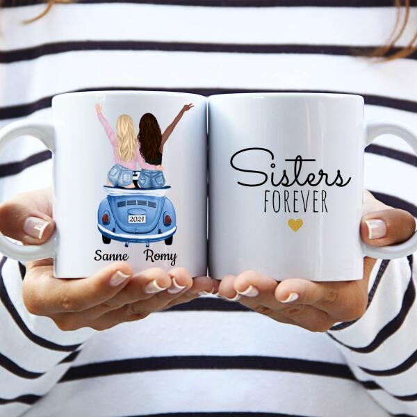 Beste Vriendinnen / Zusjes in een Auto - Sisters Forever ♥ , Zussen of Collega's - Gepersonaliseerde mok voor Vriendin, Vrouw, Vriendschap, Zus, Zusje, BFF, Collega, Meisje