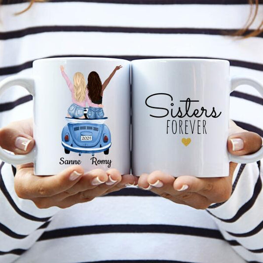 Beste Vriendinnen / Zusjes in een Auto - Sisters Forever ♥ , Zussen of Collega's - Gepersonaliseerde mok voor Vriendin, Vrouw, Vriendschap, Zus, Zusje, BFF, Collega, Meisje