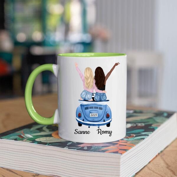Beste Vriendinnen / Zusjes in een Auto - Sisters Forever ♥ , Zussen of Collega's - Gepersonaliseerde mok voor Vriendin, Vrouw, Vriendschap, Zus, Zusje, BFF, Collega, Meisje