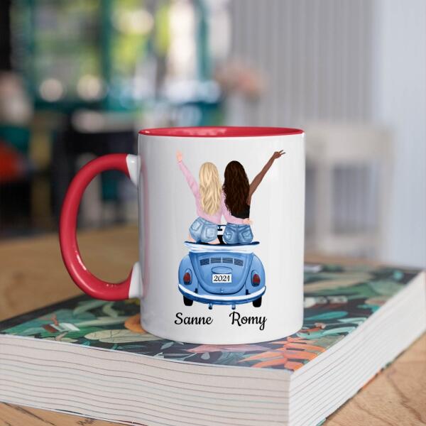 Beste Vriendinnen / Zusjes in een Auto - Sisters Forever ♥ , Zussen of Collega's - Gepersonaliseerde mok voor Vriendin, Vrouw, Vriendschap, Zus, Zusje, BFF, Collega, Meisje