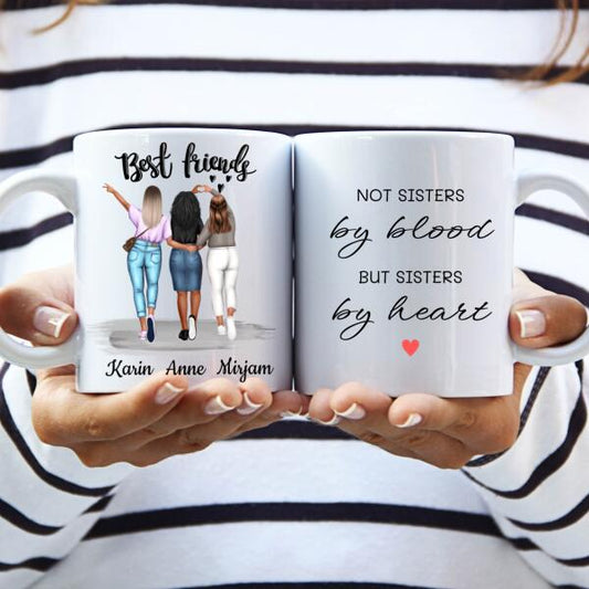 Beste Vriendinnen, Zussen of Collega's - Persoonlijke Vriendschap Mok AanpasbaarBest Friends 3 Personen - Not Sisters by Blood, but Sisters by Heart - Gepersonaliseerde mok voor Vriendin, Vriendinnen, Vrouw, Vriendschap, Zus, Zusje, BFF, Collega, Dochter