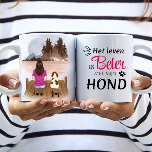 Hondenmama met 1 Hond in het Bos - Het leven is beter met mijn hond ♥ - Gepersonaliseerde mok voor Hondenmama, Haar, Hondenouders, Hondeneigenaar, Hondenbaasje, Partner, Vriendin, Vrouw, Puppy