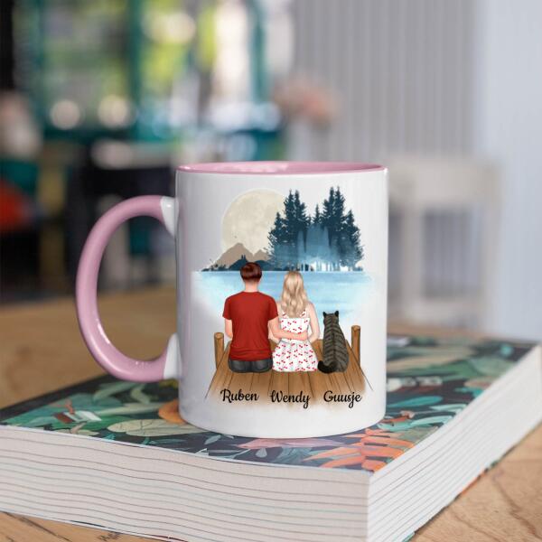 Kattenbaasjes Koppel met 1 Kat in het Bos - Life is better with our cat ♥ - Gepersonaliseerde mok voor Kattenmama, Kattenouders, Katteneigenaar, Kattenbaasjes, Partner, Vriend, Vriendin, Vrouw, Man, Kitten