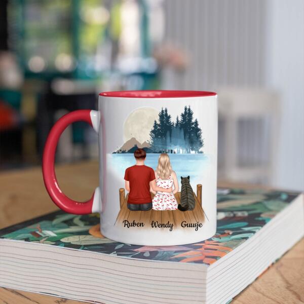 Kattenbaasjes Koppel met 1 Kat in het Bos - Life is better with our cat ♥ - Gepersonaliseerde mok voor Kattenmama, Kattenouders, Katteneigenaar, Kattenbaasjes, Partner, Vriend, Vriendin, Vrouw, Man, Kitten